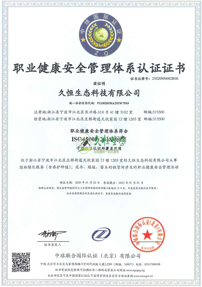 宁波北仑职业健康安全管理体系ISO45001证书